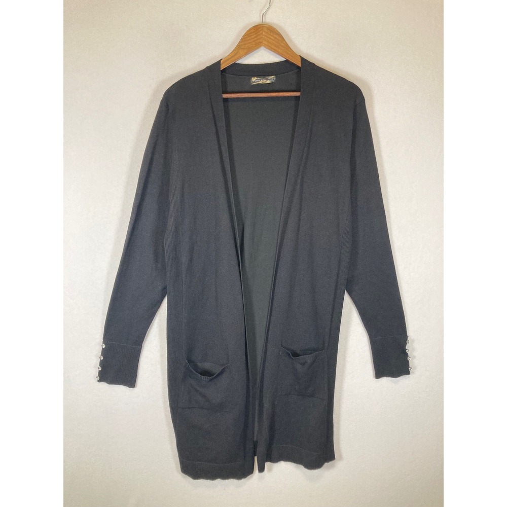 Minimalist Verve Ami Womens XL Black Open Front Longline Cardigan Button Cuff‎
